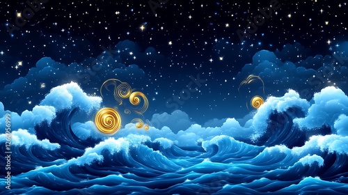 Celestial Waves Under A Starry Night Sky