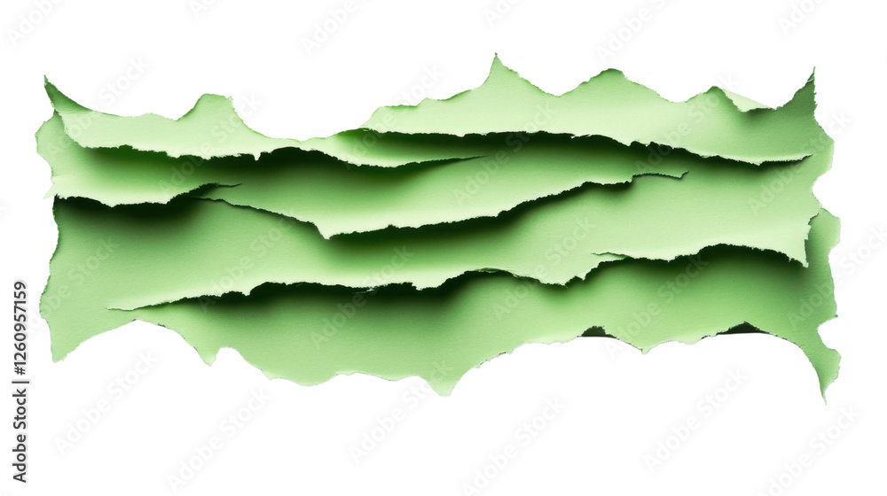 Green torn paper strip with transparent background creating a layered effect Green torn paper strip with transparent background creating a layered effect