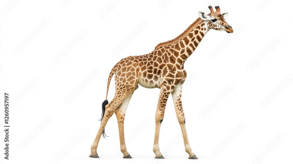 Fototapeta premium Young giraffe walking, white background, wildlife