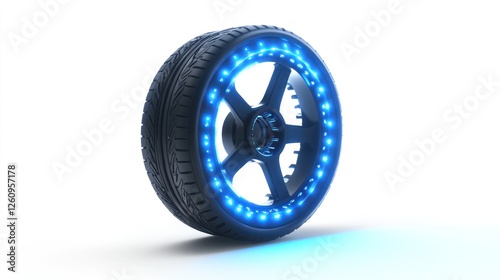 Futuristic tire, LED lights, studio, white background, auto design