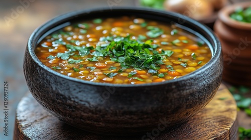 Warm lentil soup with fresh herbs and spices served in a rustic bowl on a woo...
