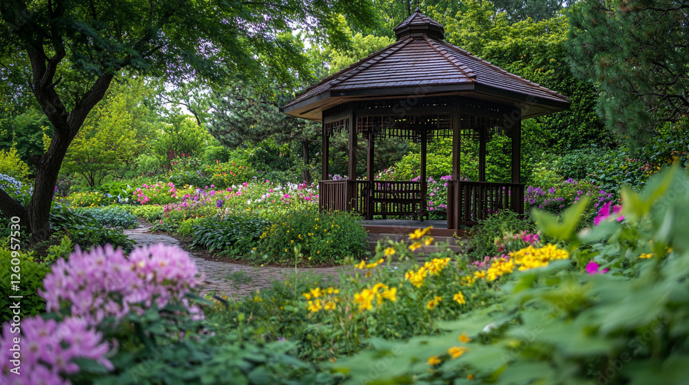 Vibrant garden gazebo surrounded by colorful flowers in serene park setting Vibrant garden gazebo surrounded by colorful flowers in serene park setting