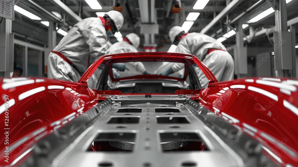 Red Car Chassis in a Modern Automotive Factory
