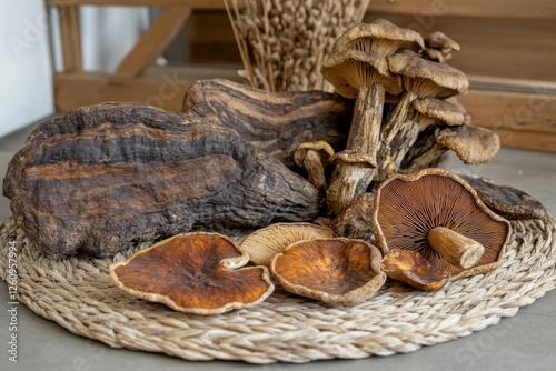 Forest mushrooms, gilled and bracket types, on a woven mat in a still life composition. photo