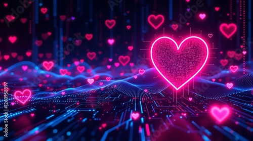 Valentine's Day Background with Neon Hearts & Digital Waves, Tech-Themed Love Art photo