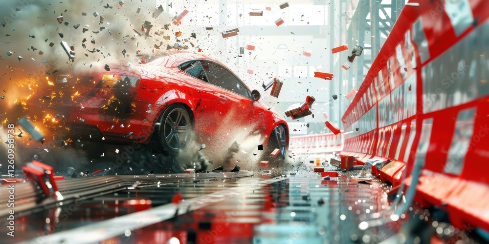 Red Car Crashing Through Barriers in a City
