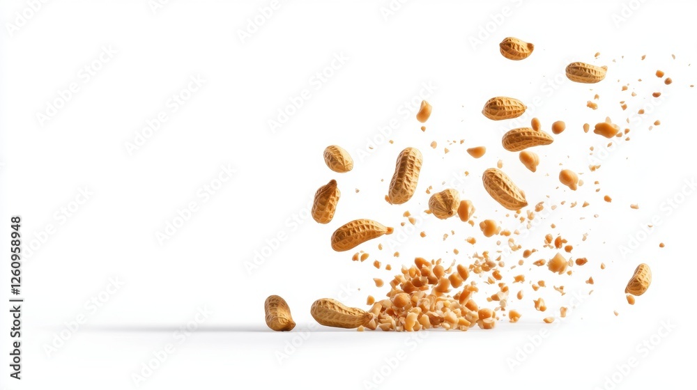 Peanuts bursting in dynamic motion isolated on white background Peanuts bursting in dynamic motion isolated on white background