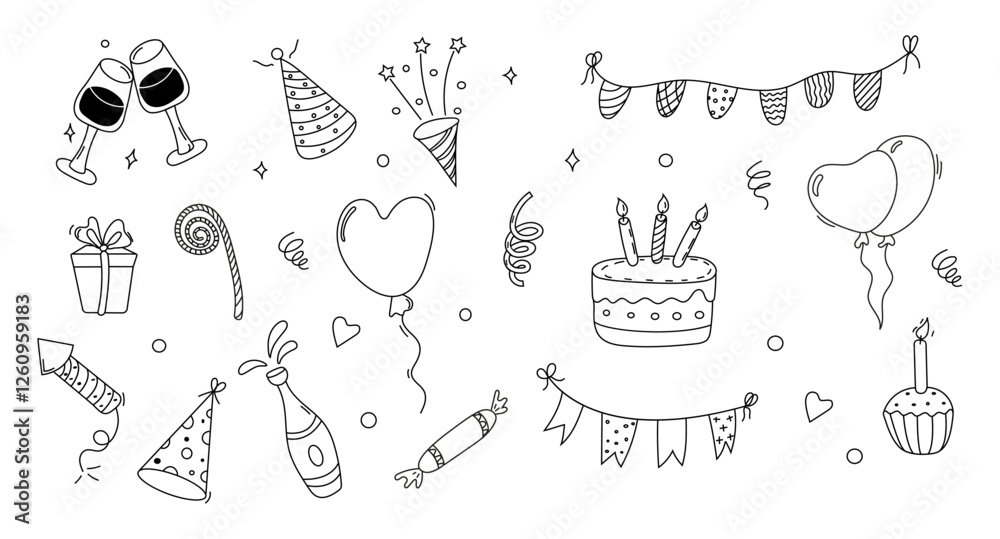 Fototapeta premium doodle birthday elements, including a cake, balloons, and festive decorations. Perfect for party invitations, greeting cards, celebrations, and event designs.