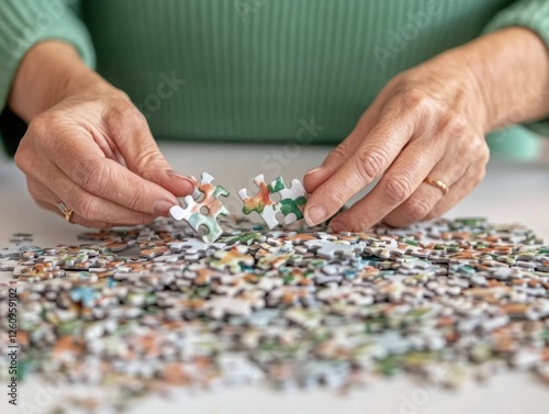Hands of an individual connecting puzzle pieces over a colorful assortment of jigsaw puzzle pieces on a white table surface during leisure time