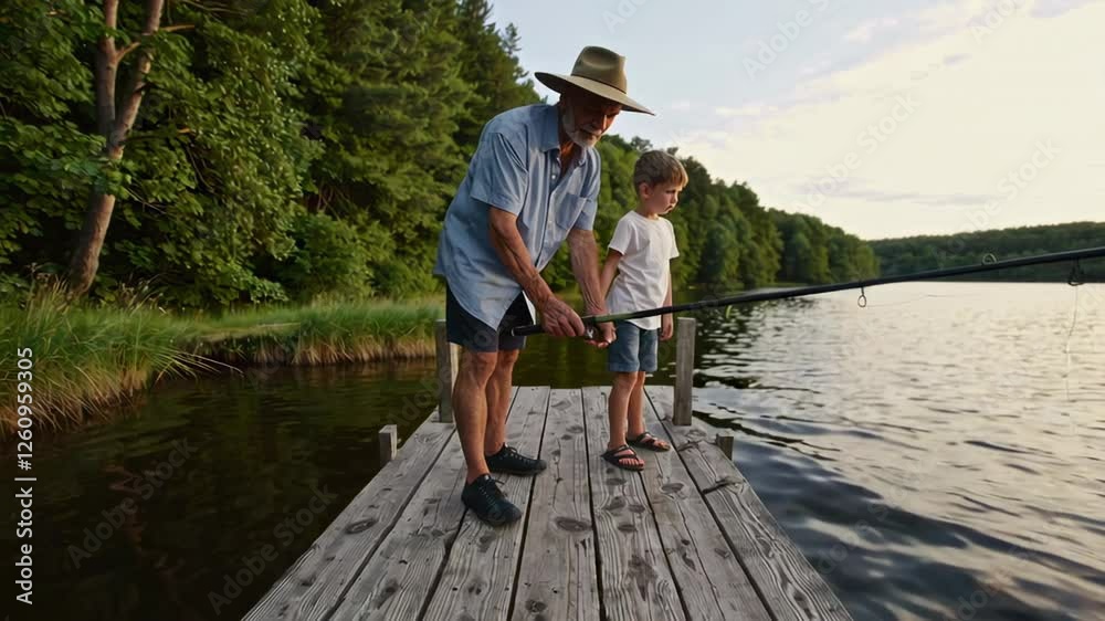 Senior man teaching a little boy how to fish on a wooden pier by a lake or river, creating a heartwarming scene of family bonding and outdoor recreation Senior man teaching a little boy how to fish on a wooden pier by a lake or river, creating a heartwarming scene of family bonding and outdoor recreation
