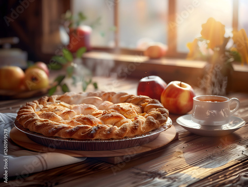 Homemade apple pie served with tea on a rustic wooden table by a sunny window, creating a warm, nostalgic, and cozy autumn-inspired home setting.
 photo