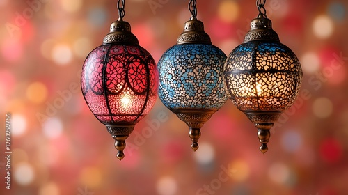 Three Ornate Hanging Lanterns Illuminate Festive Background