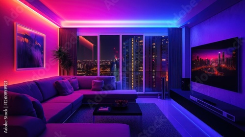 Cityscape view, colorful smart home lighting