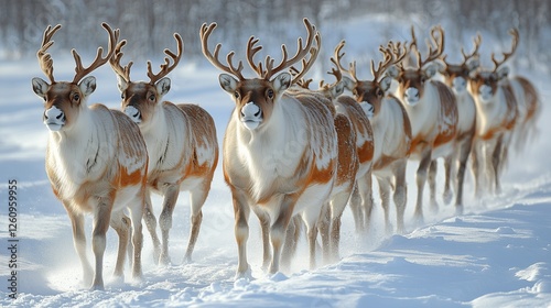 Reindeer herd walking through snow-covered landscape in winter