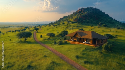 Sunset view of a modern lodge in a quiet grassland landscape during golden hour