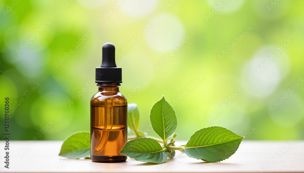 Eucalyptus oil bottle with green leaves, calming allergy relief concept Eucalyptus oil bottle with green leaves, calming allergy relief concept