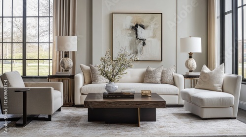 Modern living room, spring decor, city view