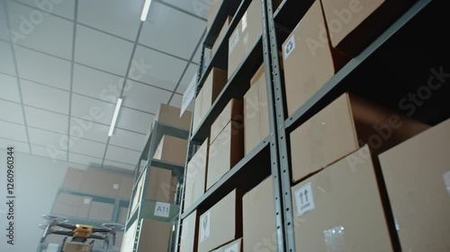 Wallpaper Mural Logistics Distribution Center: UAV Drones Carrying and Delivering Cardboard Boxes with Products, Goods. AI Automated Guided Vehicles Transporting Packages in Retail Warehouse. 3D Future Technology. Torontodigital.ca