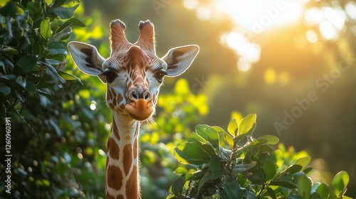 Giraffe gazing through lush greenery during golden hour in a natural setting