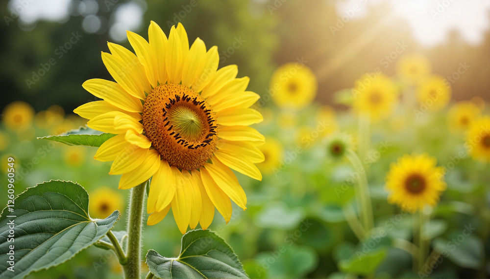 Fototapeta premium Vibrant sunflower standing tall in lush garden, summer beauty