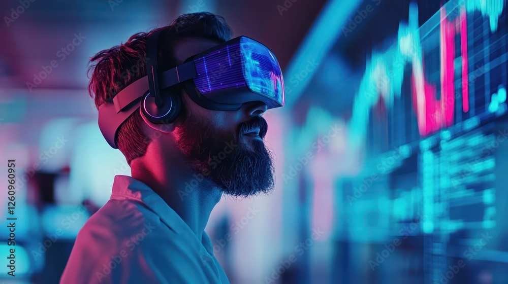 Bearded trader using a VR headset to analyze crypto market trends Bearded trader using a VR headset to analyze crypto market trends