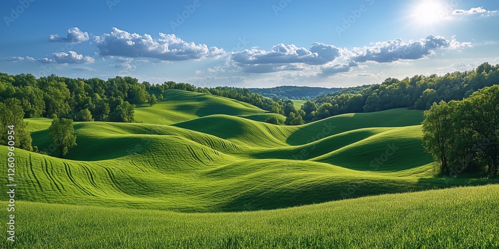 Fototapeta premium Vibrant green rolling hills under a bright blue sky at midday with fluffy clouds