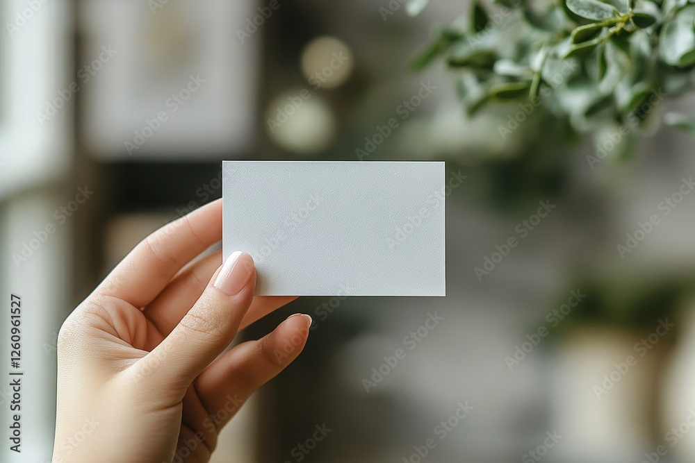 Hand holding blank business card in indoor setting surrounded by greenery and natural light creating a calm atmosphere Hand holding blank business card in indoor setting surrounded by greenery and natural light creating a calm atmosphere
