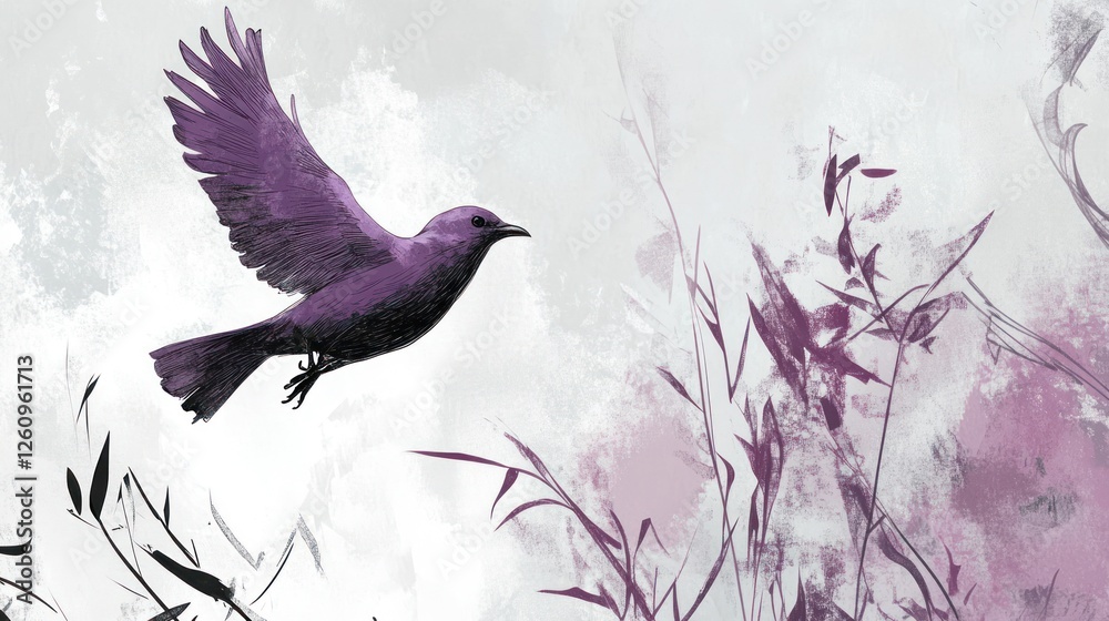 Fototapeta premium Purple bird flight, nature, artistic, calm, print