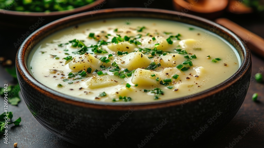 Creamy potato soup with herbs served in a rustic bowl on a wooden table Creamy potato soup with herbs served in a rustic bowl on a wooden table