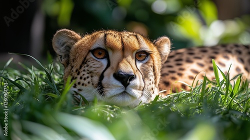 Cheetah resting in tall grass during afternoon sunlight in a natural habitat