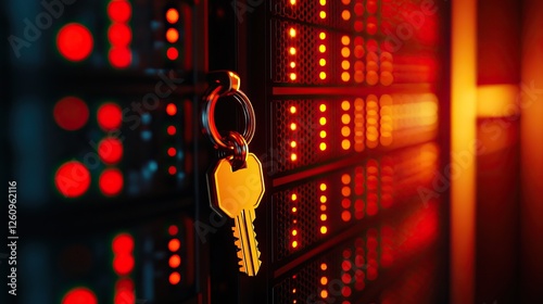 A close-up of a yellow key hanging near a server with glowing red lights, symbolizing security and data protection in a digital environment.