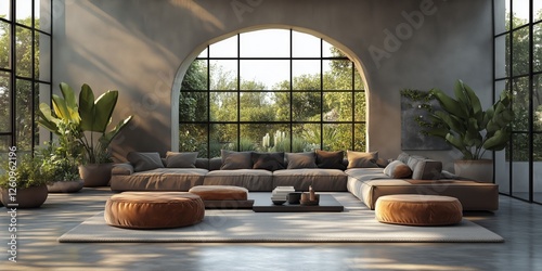 Comfortable modern living room with large orange sectional sofa and greenery