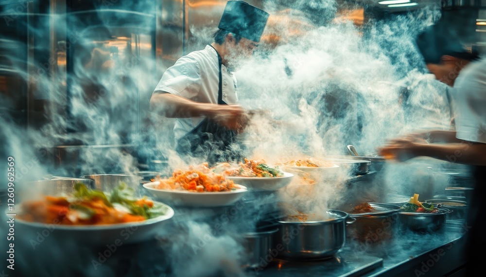Chefs prepare a vibrant tomato dish in a bustling kitchen during a culinary competition at night Chefs prepare a vibrant tomato dish in a bustling kitchen during a culinary competition at night