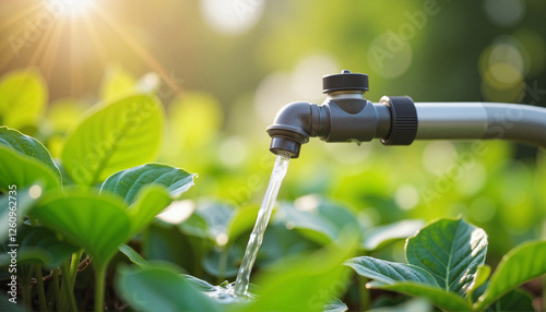 Drip irrigation providing water to leafy green plants, urban gardening