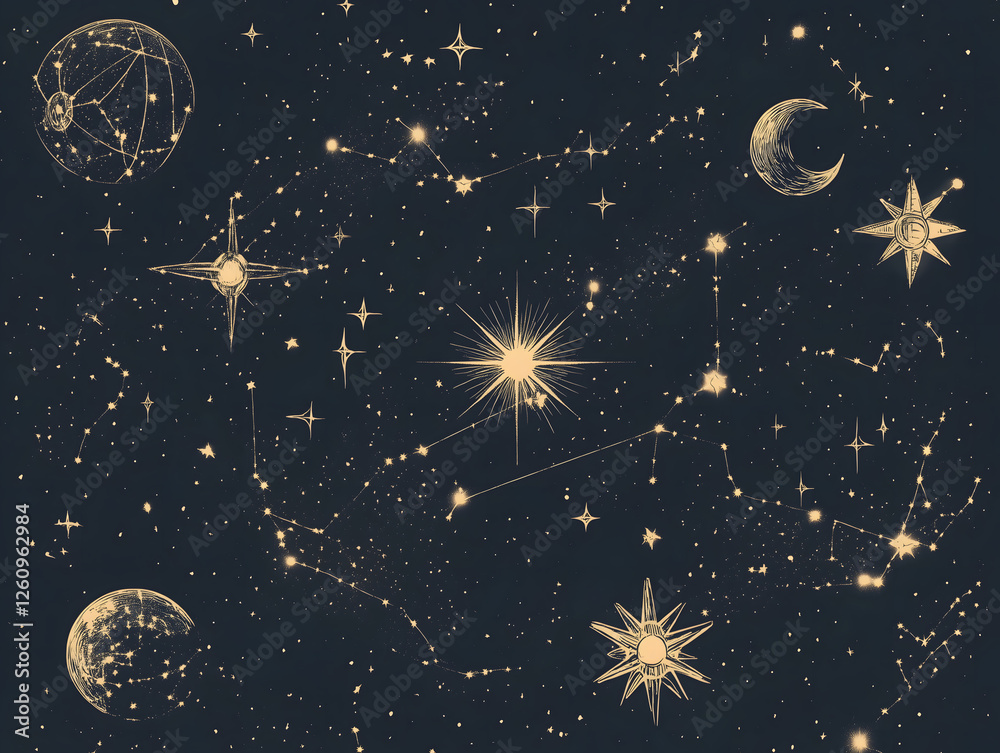 Naklejka premium Vintage Celestial Map with Gold Stars, Constellations, and Planetary Symbols on a Dark Background 