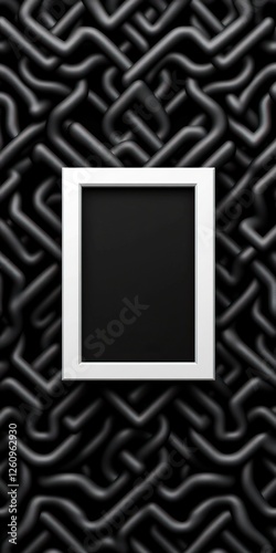 A minimalistic black background features a decorative, intertwined pattern with a blank, framed space at its center.