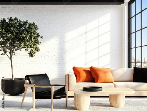 Modern Living Room Design Featuring Cozy Furniture, Stylish Textures, Natural Light, Inviting Urban Aesthetic