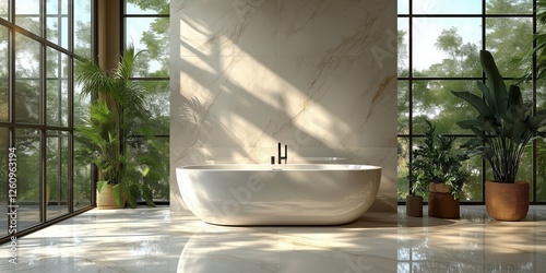 Modern bathroom design with natural light and greenery enhancing relaxation s...
