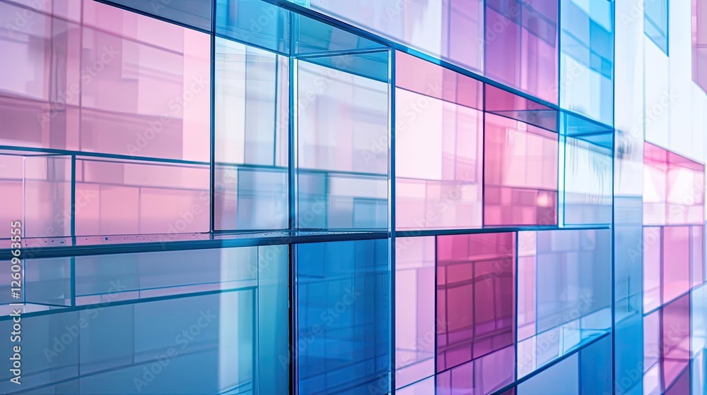 A close-up of transparent glass panels in different shades of blue and pink A close-up of transparent glass panels in different shades of blue and pink