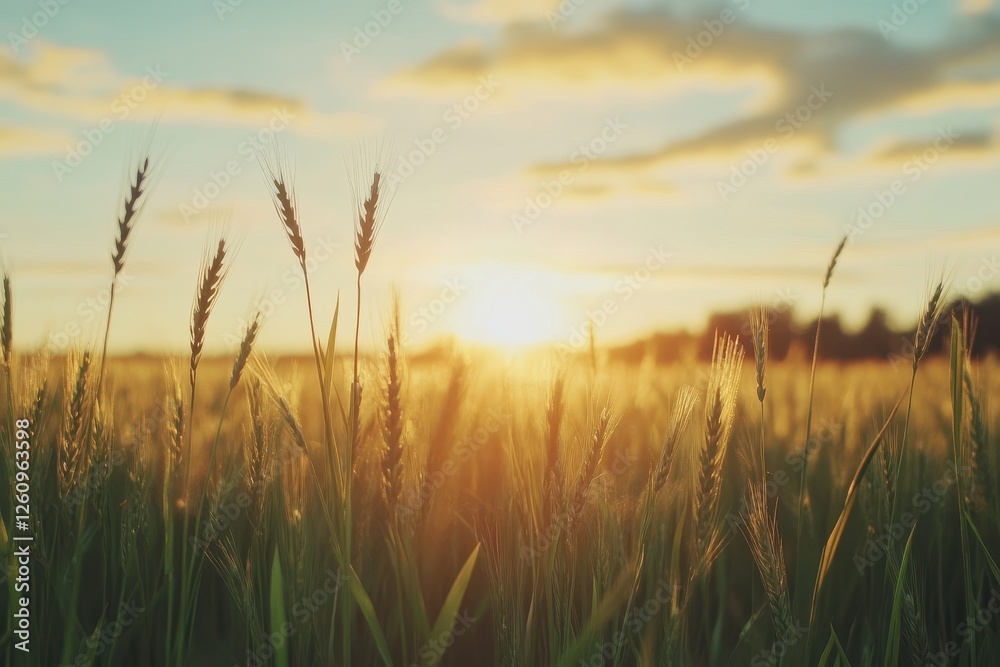 Golden wheat sways gently under a warm sunset sky in a tranquil countryside field Golden wheat sways gently under a warm sunset sky in a tranquil countryside field