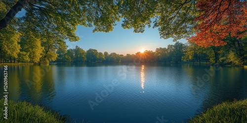 Sunrise over calm lake surrounded by lush greenery in early morning light