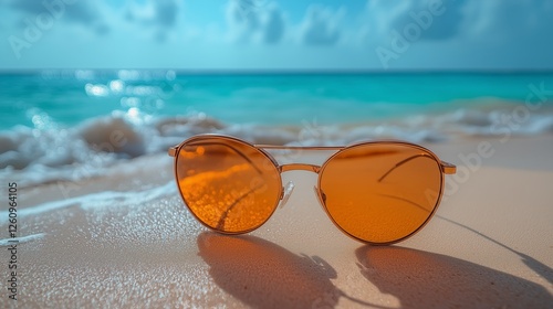 Stylish sunglasses rest on sandy beach beside turquoise ocean under a bright ...