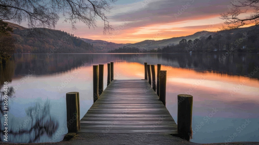 Sunrise Lake Dock Peaceful Landscape Sunrise Lake Dock Peaceful Landscape