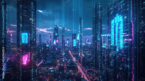 Wallpaper Mural Massive Bitcoin candlestick charts displayed across cyberpunk skyscrapers Torontodigital.ca