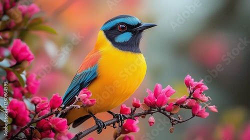 Vibrant bird perched on a blooming branch in a lush garden during spring season