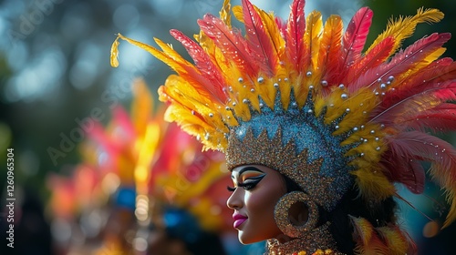 Brightly colored headdresses adorn performers during vibrant carnival celebra...
