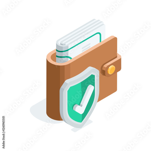 Isometric vector wallet and shield with check mark, in color on white background, online money protection or safe money storage