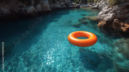 Bright orange pool float relaxes in clear blue water under afternoon sunlight