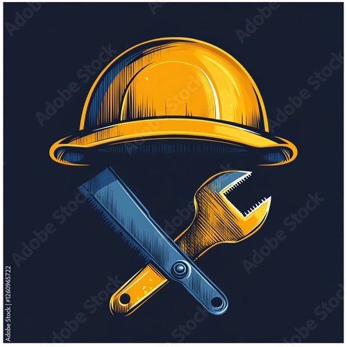 An illustrated construction helmet paired with a saw and wrench, symbolizing tools and safety in the trade photo