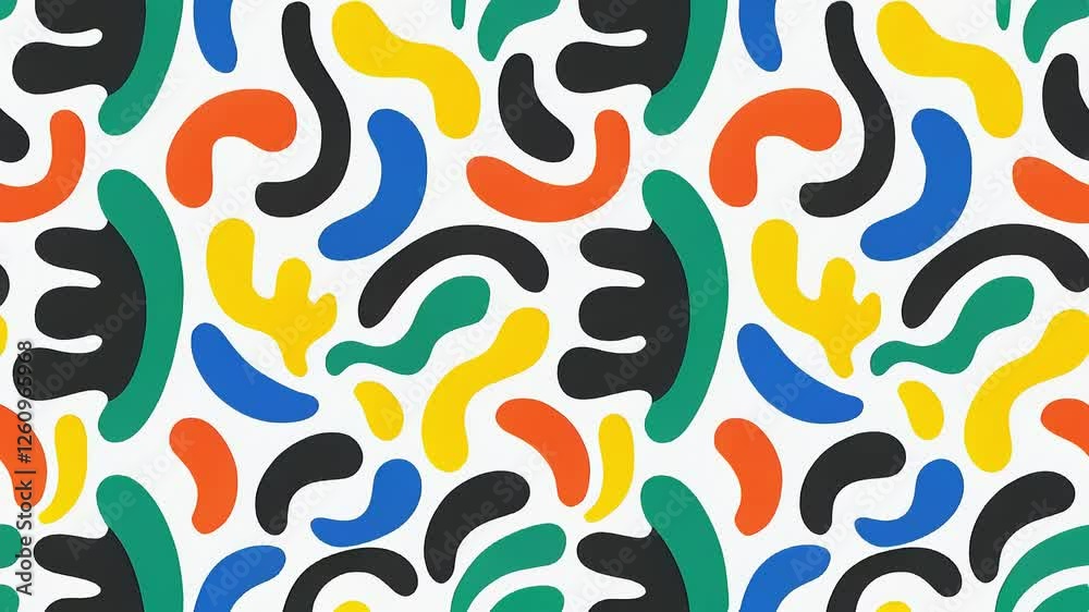 Playful abstract pattern with irregular organic shapes in bold primary colors, creating a modern and minimalistic artistic composition for contemporary design